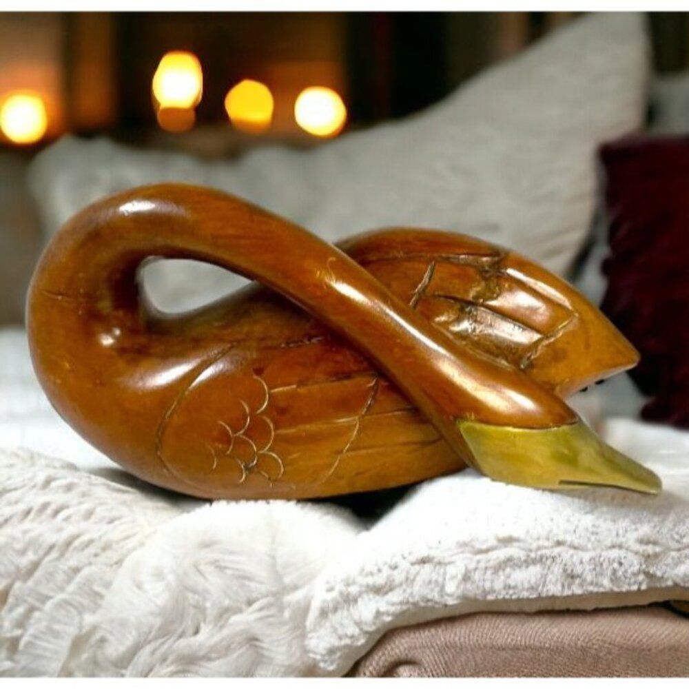 Large Vintage Midcentury Modern Wooden Swan Sculpture Goose Brass Beak 13” Wood